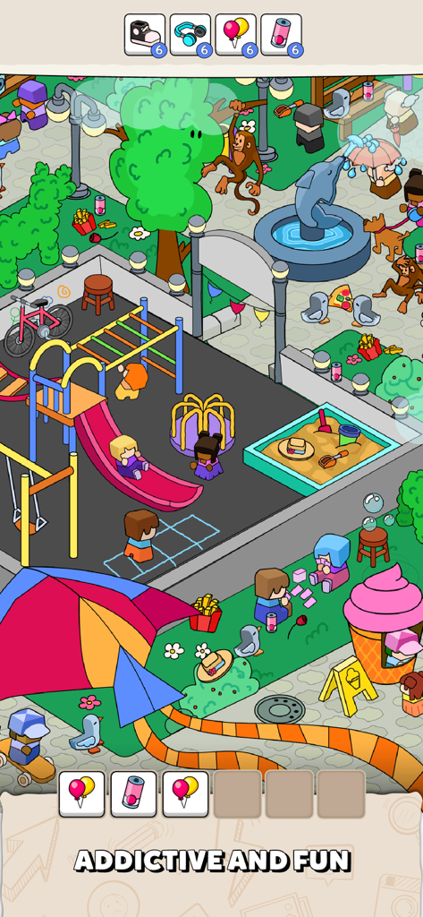 Gameplay screenshot of Where Is? showing a busy park scene where players find and match triple items.