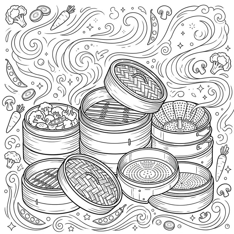 Dive into the delightful details of healthy cooking with this unique coloring page featuring an array of steamer inserts and baskets. Discover the intricate patterns and fresh vegetables awaiting your creative touch, perfect for food enthusiasts of all ages.