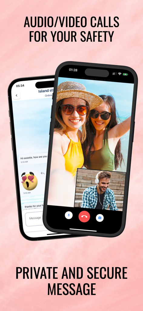 Smartphone interface showing video call and secure messaging features on the Lovisland dating app