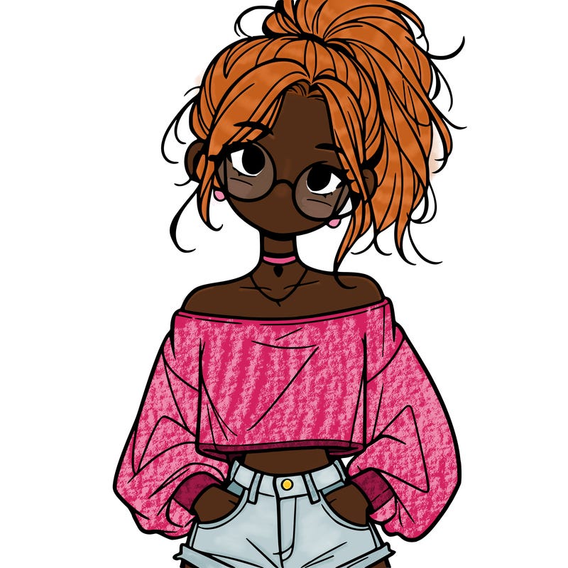 girl with a messy ponytail glasses a baggy crop top and jean shorts