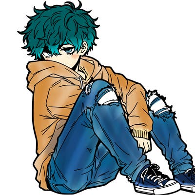 a male hoddie ripped jeans messy hair anime