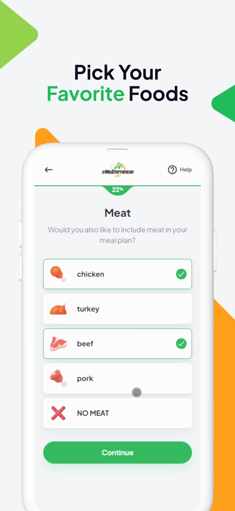 A mobile app screen titled Pick Your Favorite Foods showing meat selection options like chicken, turkey, and beef for a personalized meal plan.