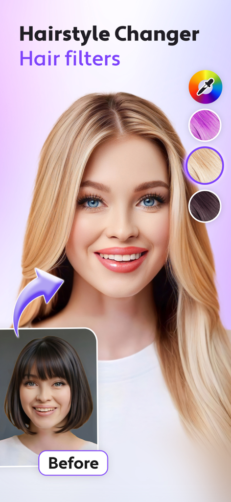 A before and after comparison of a woman using an AI hairstyle changer to switch from short dark hair to long blonde hair.