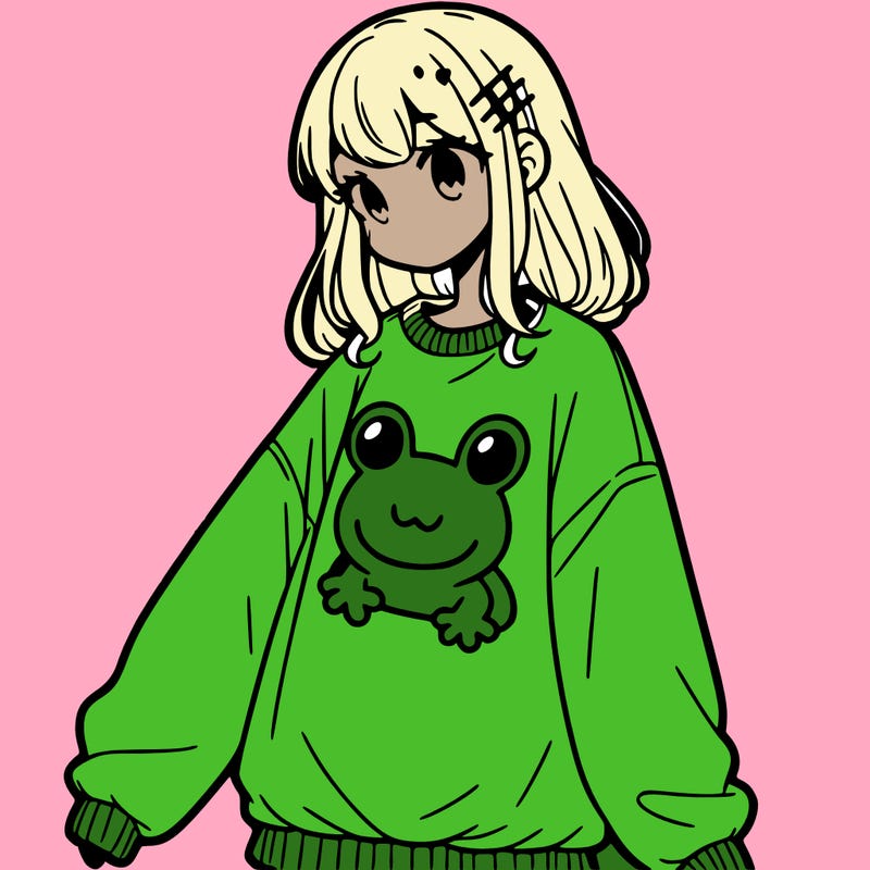 girl wearing frogging sweatshirt