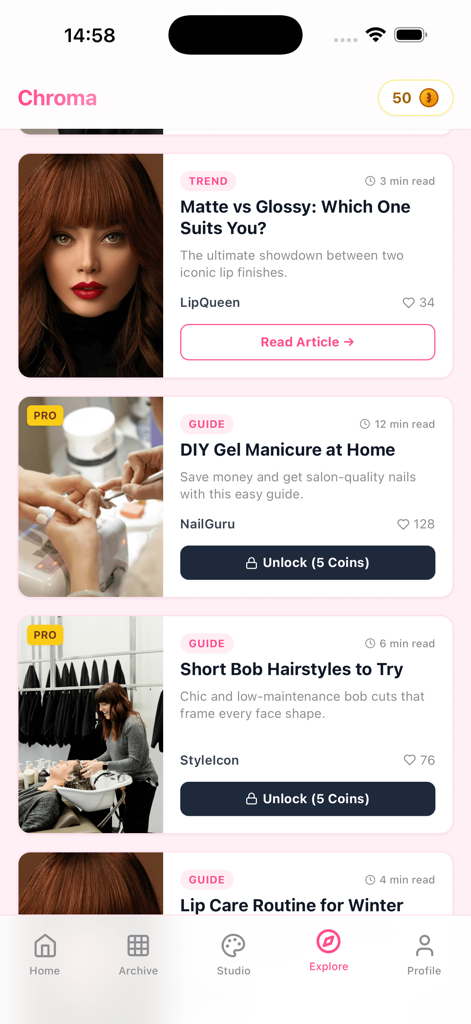 Hanabi~ - The Explore tab of the Hanabi app showing a feed of beauty articles and style guides with a coin-based reward system.