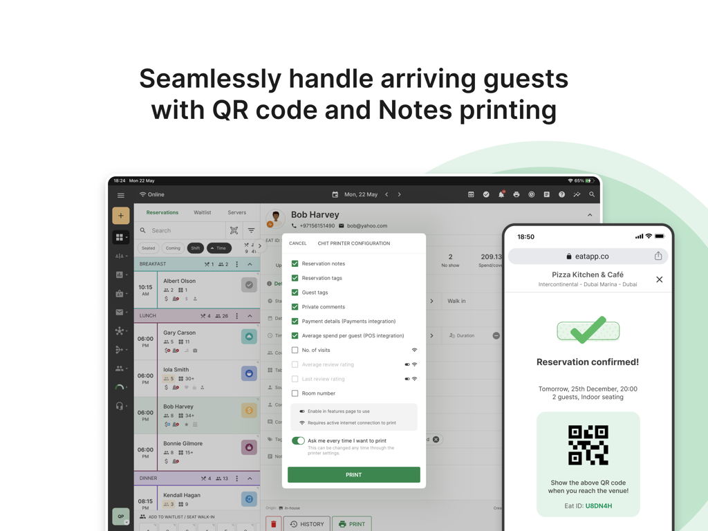 Eat App Manager - Eat App Manager Dashboard zeigt Restaurantreservierungsliste und QR-Code-Bestätigung auf einem Mobilgerät an