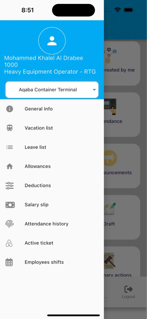 VOLT-HRMS - Side navigation menu of the VOLT-HRMS app showing employee profile details and HR self-service options like salary slips and leave requests