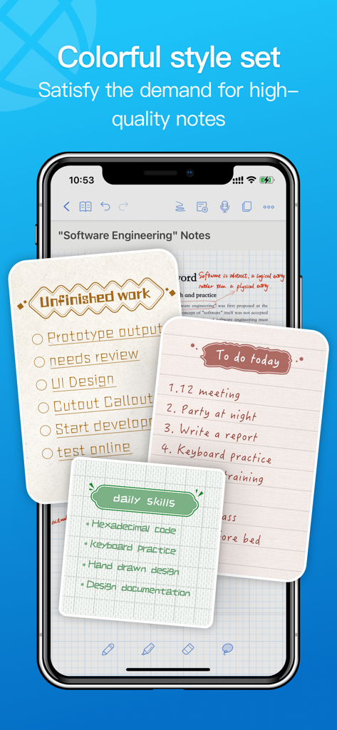 Notehot - notes&voice text - Interfaz de la aplicación Notehot que muestra plantillas de notas estéticas y coloridas y listas de tareas personalizadas en un smartphone