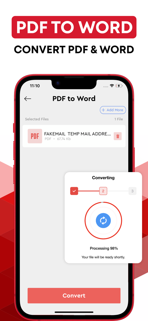 Interfaccia dell'app mobile che mostra un file PDF in fase di conversione in un documento Word con una barra di avanzamento al 98 percento