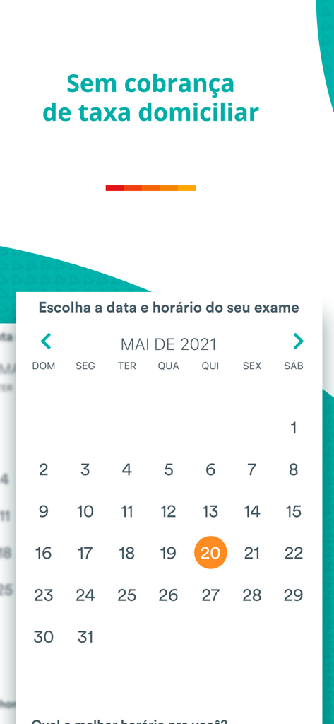Interfaz de la aplicación móvil Beep Saude que muestra un calendario para programar exámenes de salud en casa sin cargos adicionales por visita