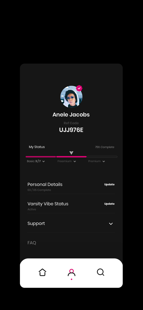 Varsity Vibe - Varsity Vibe app user profile screen showing membership status, referral code, and account settings