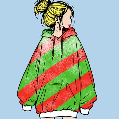 realistic girl with a oversized sweatshirt on and a bun