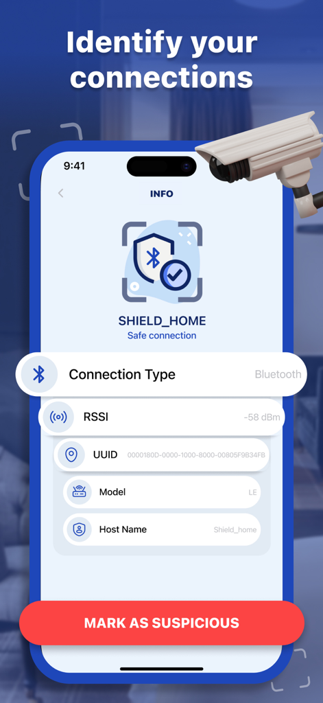 RF Bug Detector: Secret Detect - RF Bug Detector app screen showing details of a safe Bluetooth connection with a button to mark as suspicious