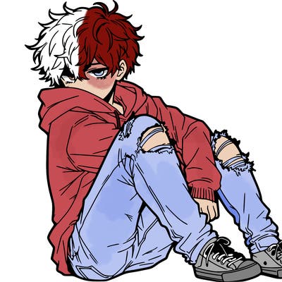 a male hoddie ripped jeans messy hair anime