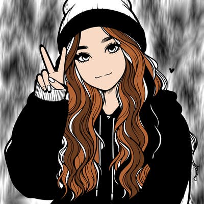 a teenage girl in a beanie, oversized sweatshirt, wavy long hair, and is showing a ✌️