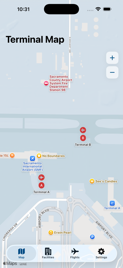 Sacramento Intl SMF Airport - Interactive map of Sacramento International Airport showing Terminal A and Terminal B
