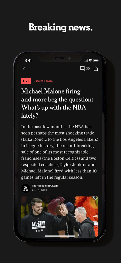 The Athletic: All Sports News - Die Benutzeroberfläche der App von The Athletic mit einem Eilmeldungs-Artikel zur NBA