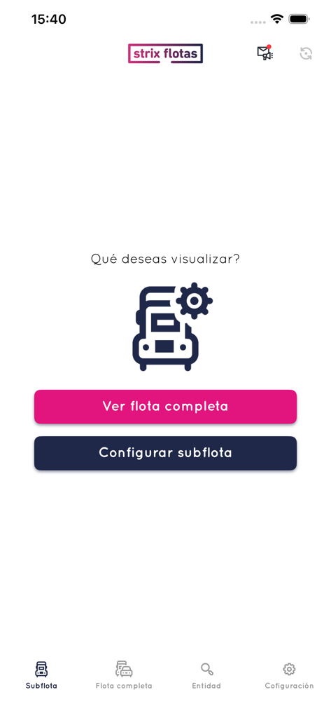 Menú principal de la aplicación Strix Flotas mostrando opciones para ver toda la flota o configurar una sub-flota