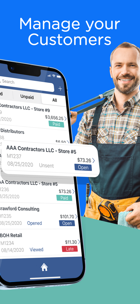 Invoice ASAP: Field Service - A professional contractor using the Invoice ASAP app to manage customer invoices and payments.