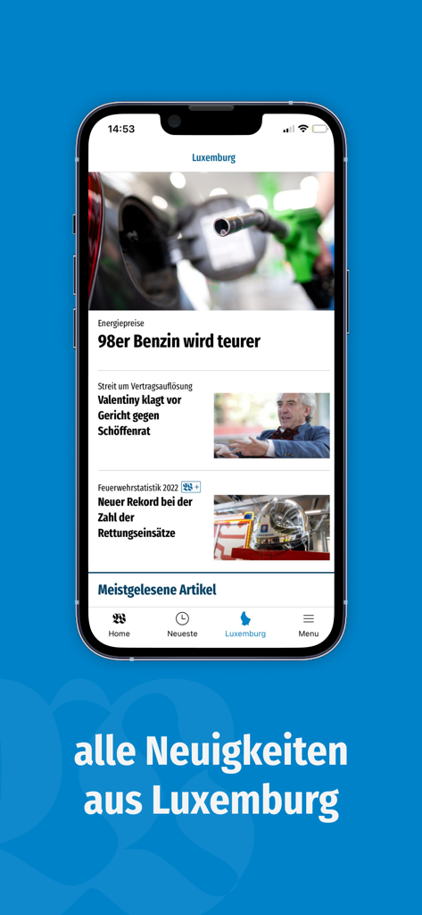 Wort.lu - Écran de smartphone affichant l'application d'actualités Wort.lu avec des titres concernant le Luxembourg en allemand.