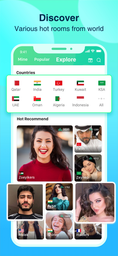 Falla-Make new friends - Falla mobile app interface showing hot rooms and user profiles from different countries