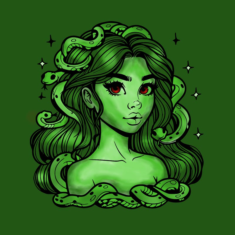 realistic girl with snakes as hair