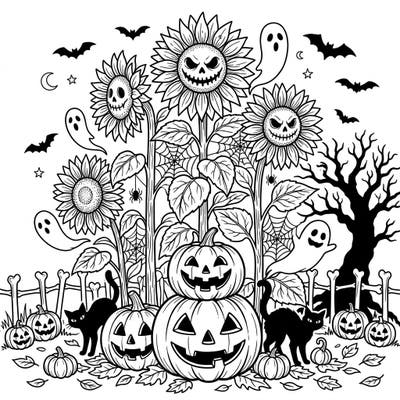 Dive into a uniquely eerie and festive scene with this Halloween coloring page. Majestic sunflowers transformed into grinning jack-o'-lanterns await your creative touch alongside playful ghosts and black cats.