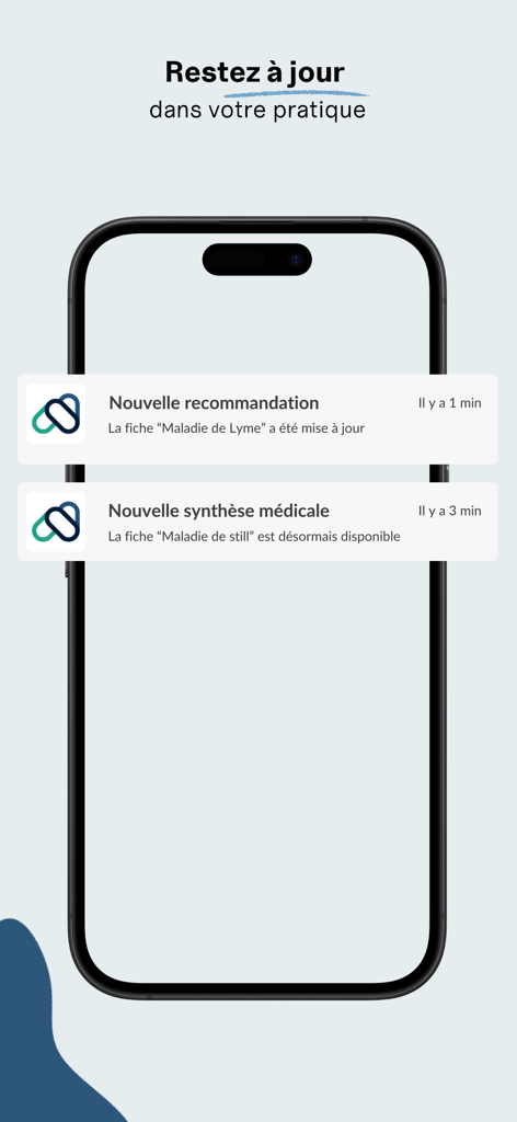 Smartphone que muestra notificaciones push de nuevas recomendaciones médicas y resúmenes clínicos en la aplicación Notaview.