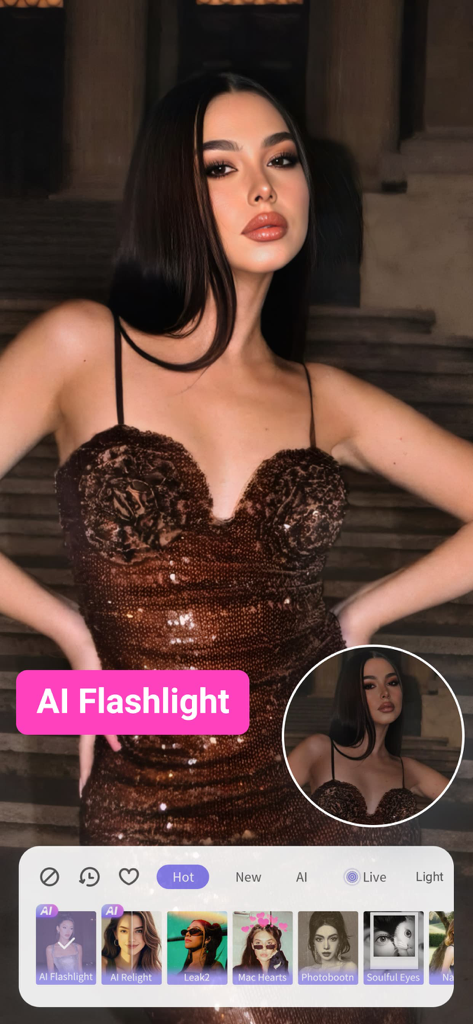 PrettyUp App-Oberfläche, die die KI-Taschenlampenfunktion zur Verbesserung eines Porträtfotos zeigt