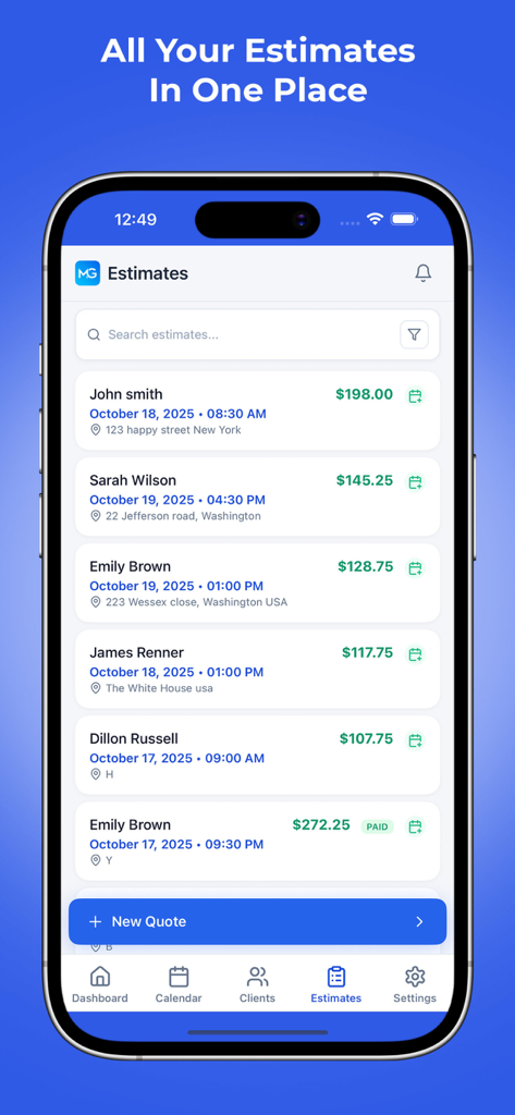 MaidGrow app interface displaying a list of residential cleaning estimates and quotes