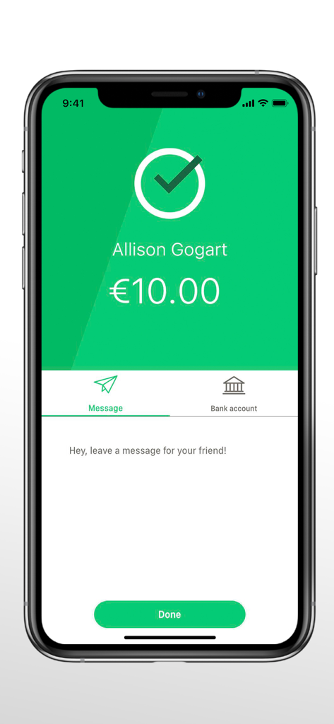 Payconiq – BGL BNP Paribas - Payconiq app screen showing a successful 10 Euro money transfer with a green checkmark