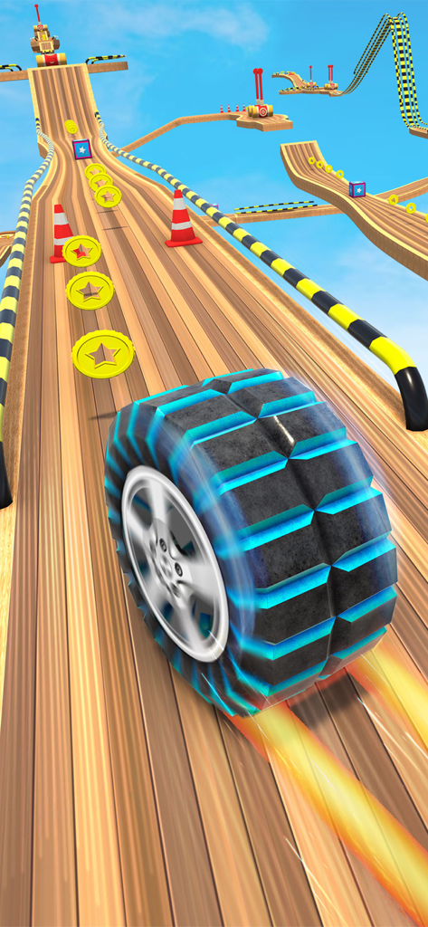 Going Tire: Merge Ball Games - Un neumático azul brillante rueda en una pista de madera en el cielo recogiendo monedas de oro