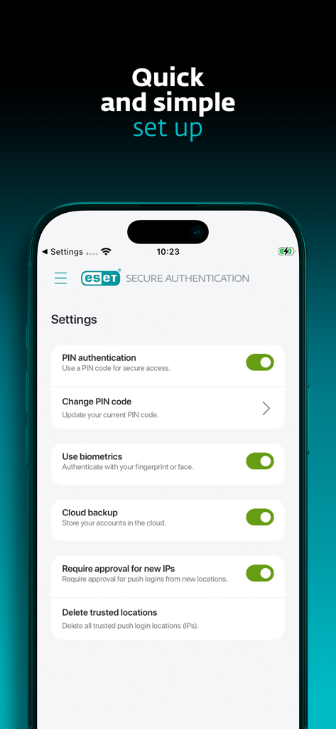 ESET Secure Authentication - ESET Secure Authentication app settings menu displaying options for biometric login and security configuration