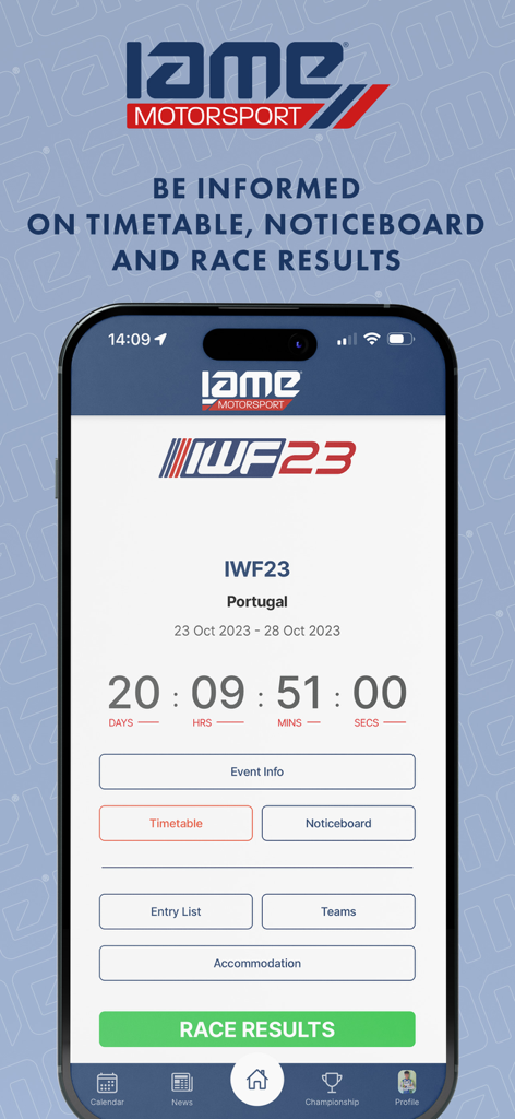 IAME Motorsport - IAME Motorsport app home screen displaying a race countdown and links to results and timetables