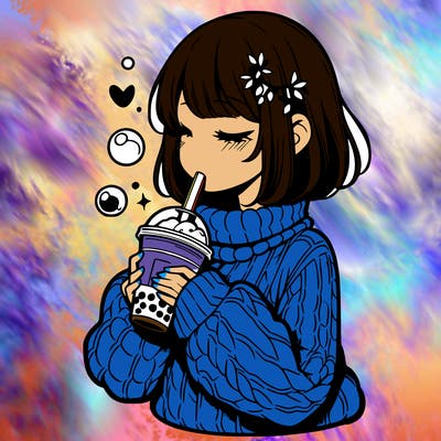manga girl drinking boba in cozy sweater
