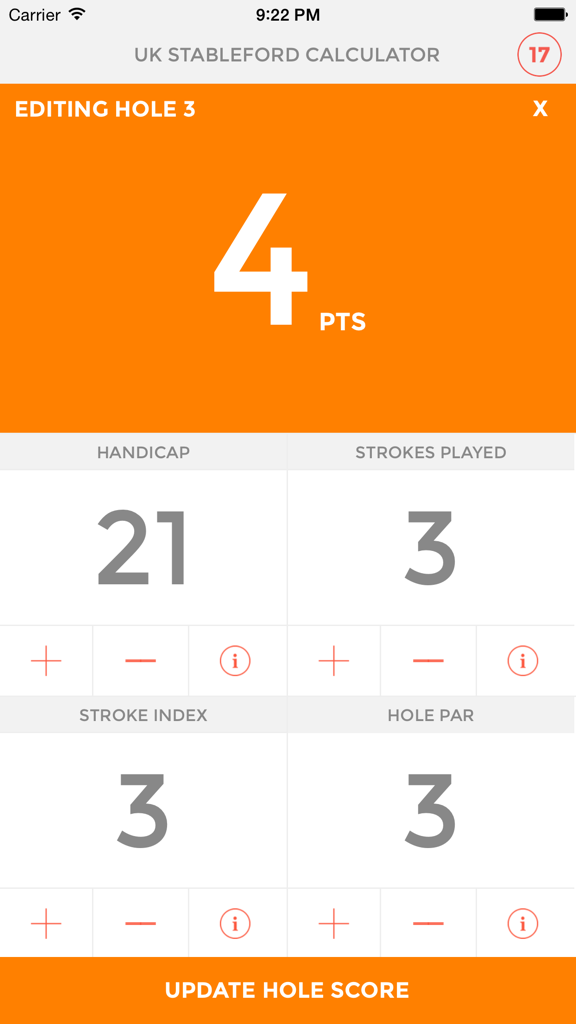 UK Stableford Calculator - Stableford golf scoring screen showing hole points handicap and strokes played