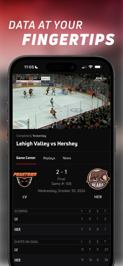 FloSports app interface showing AHL hockey game statistics and score for Lehigh Valley vs Hershey.