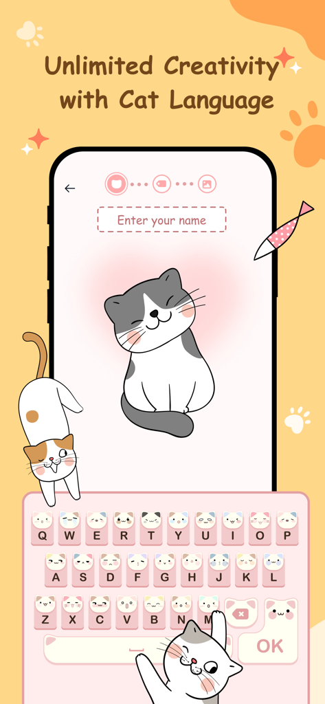A mobile app interface showing a cute cat character and a custom keyboard with small cat icons on each letter key
