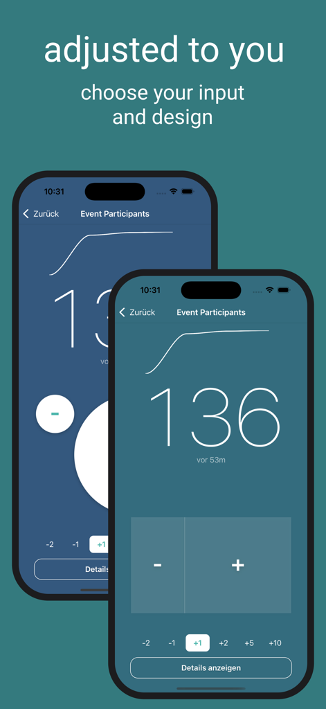 Clicker - Tally People Counter - Dos pantallas de smartphone que muestran diferentes diseños de interfaz y botones para la aplicación de contador Clicker