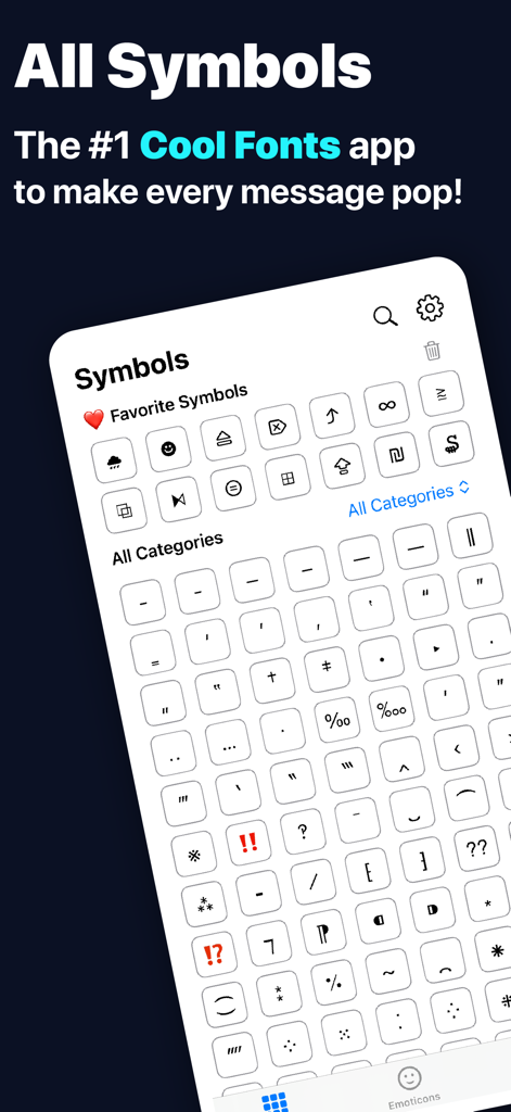 All Symbol Keyboard Fonts Art - A mobile interface displaying a wide variety of symbols and special characters from the All Symbol Keyboard app.
