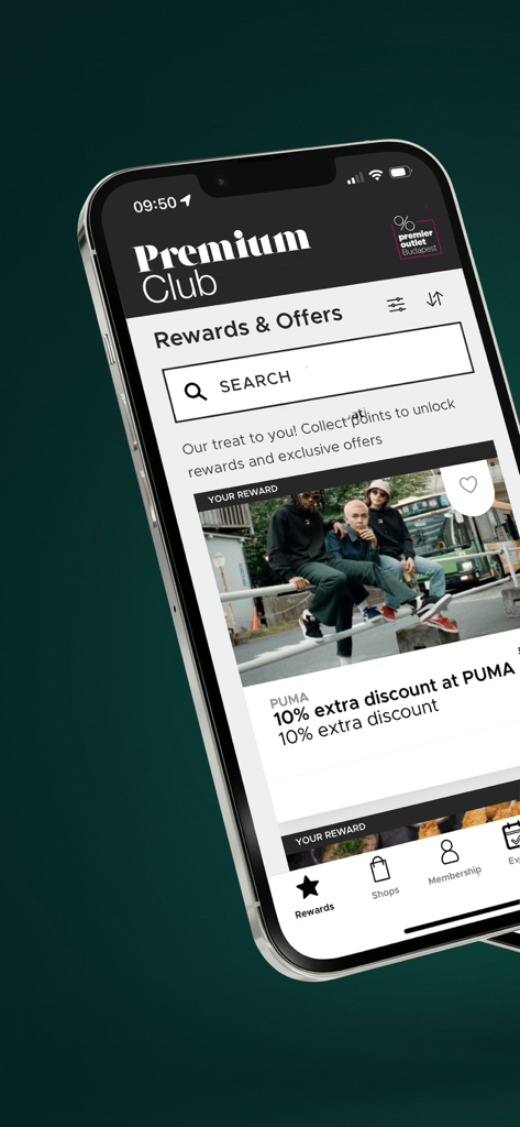 Premier Outlet Budapest - 프리미어 아울렛 부다페스트 앱의 보상 및 혜택 화면, PUMA에 대한 10% 할인 표시
