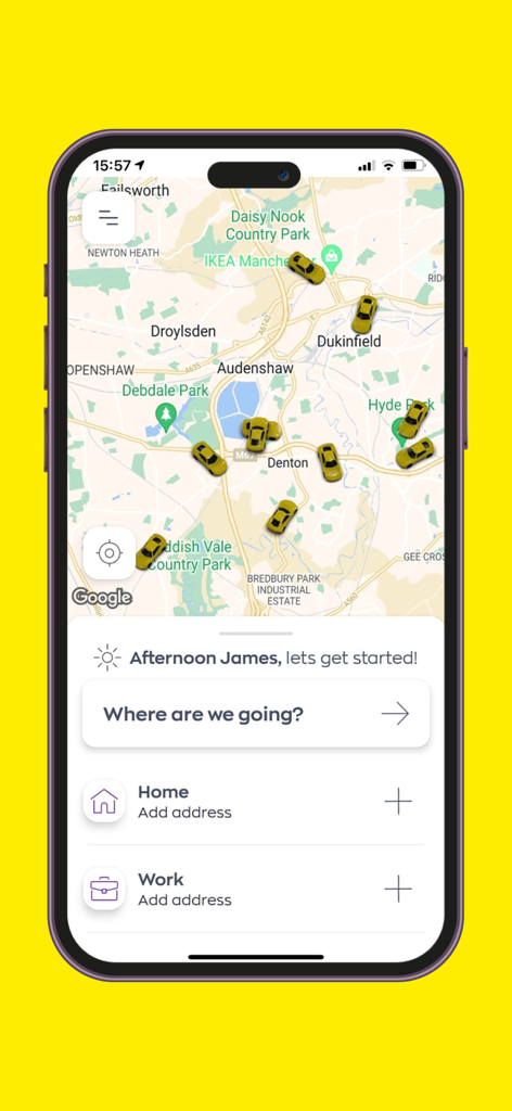 Call A Car Taxis - 콜 어 카 택시 모바일 앱 인터페이스. 지도에 차량 위치와 예약 옵션이 표시됩니다.