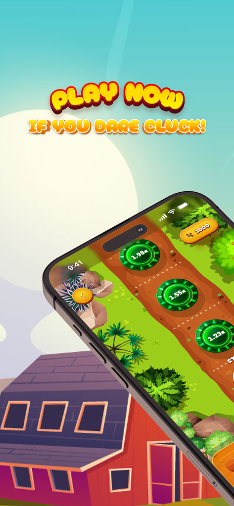 Chicken Road Games - Smartphone screen displaying Chicken Road Games with multiplier progress steps on a farm road background.