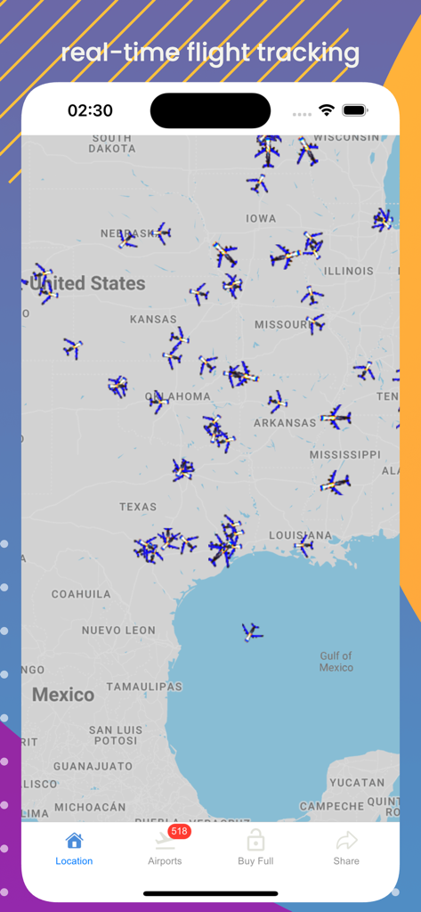 Map view showing real-time flight tracking with airplane icons over the United States