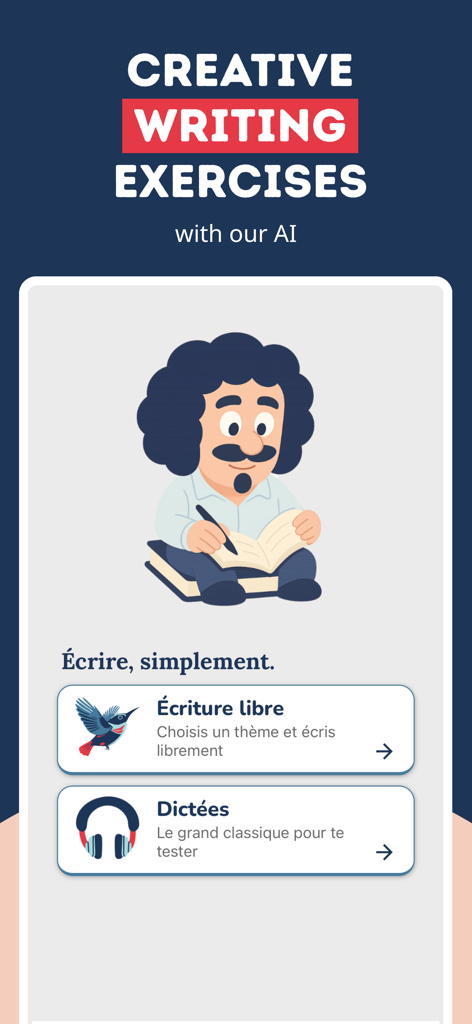 Pantalla de la aplicación Francés sin Errores para escritura creativa y dictados con IA