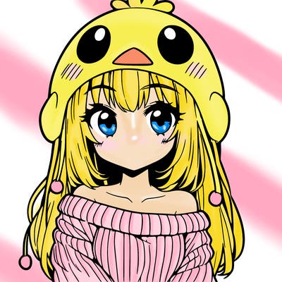 anime girl with chick shaped hat with sweater with bare shoulders with bangs covering them one eye with low tail