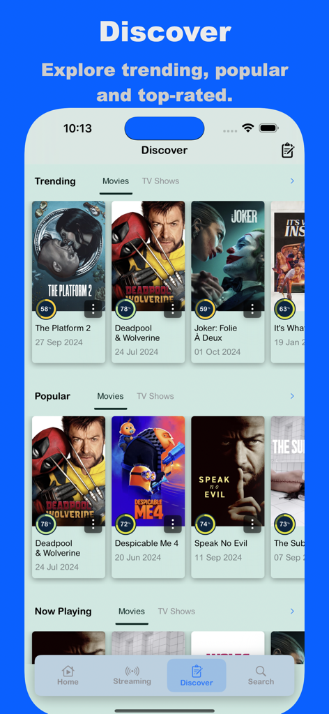 FlixHub app discover interface showing trending and popular movies with posters and ratings
