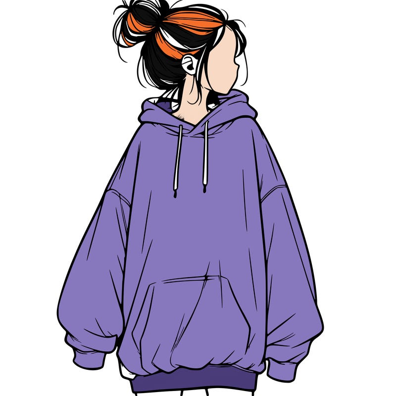 realistic girl with a oversized sweatshirt on and a bun