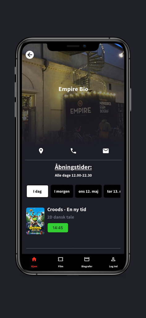 La aplicación Kino.dk que muestra los horarios de las películas y los detalles del cine Empire Bio