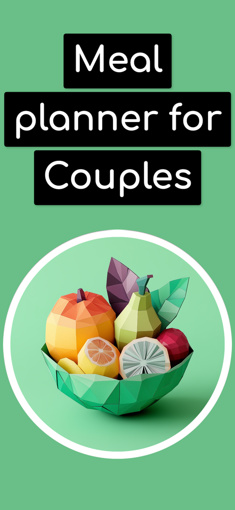 AI Meal planner: Easy Recipes - Meal planner for couples app intro screen with a geometric fruit bowl illustration